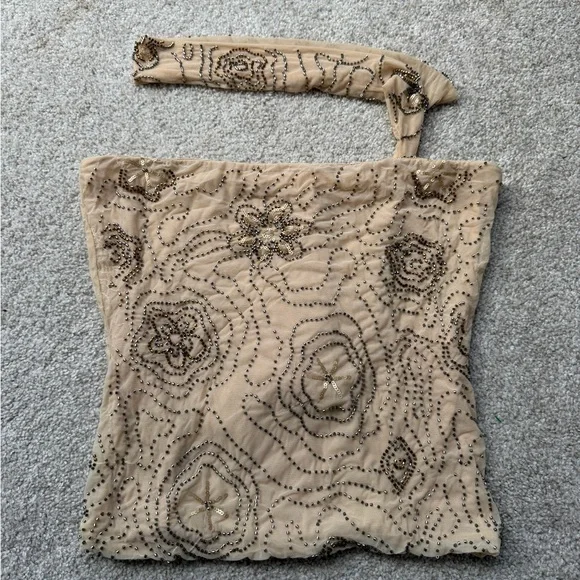 Zara Beige Tan Brown Beaded Floral Tube Top Blouse With Neck Scarf Large - Picture 2 of 4